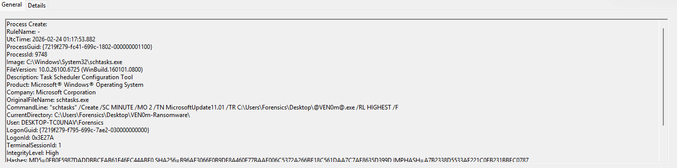 Figure 11: Sysmon Process Create event capturing the scheduled task creation