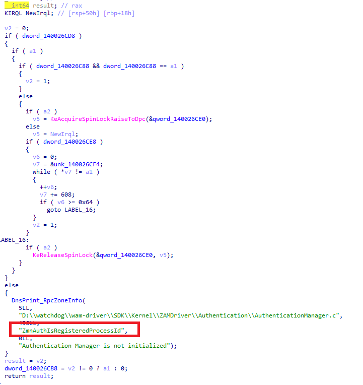 Reverse engineering screenshot showing the WatchDog driver IOCTL handler