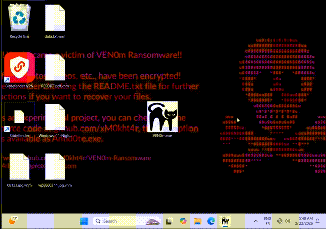 Figure 12: VEN0m ransom note GUI captured during the red-phase flash cycle